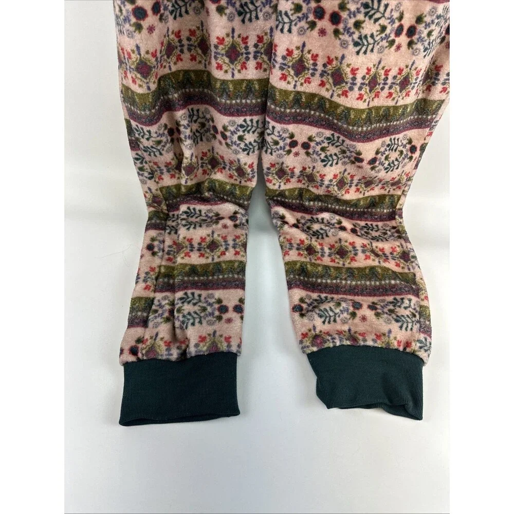 Natural Life One Piece Fleece Pajamas Zip Pink‎ Green Floral Long Womens Medium